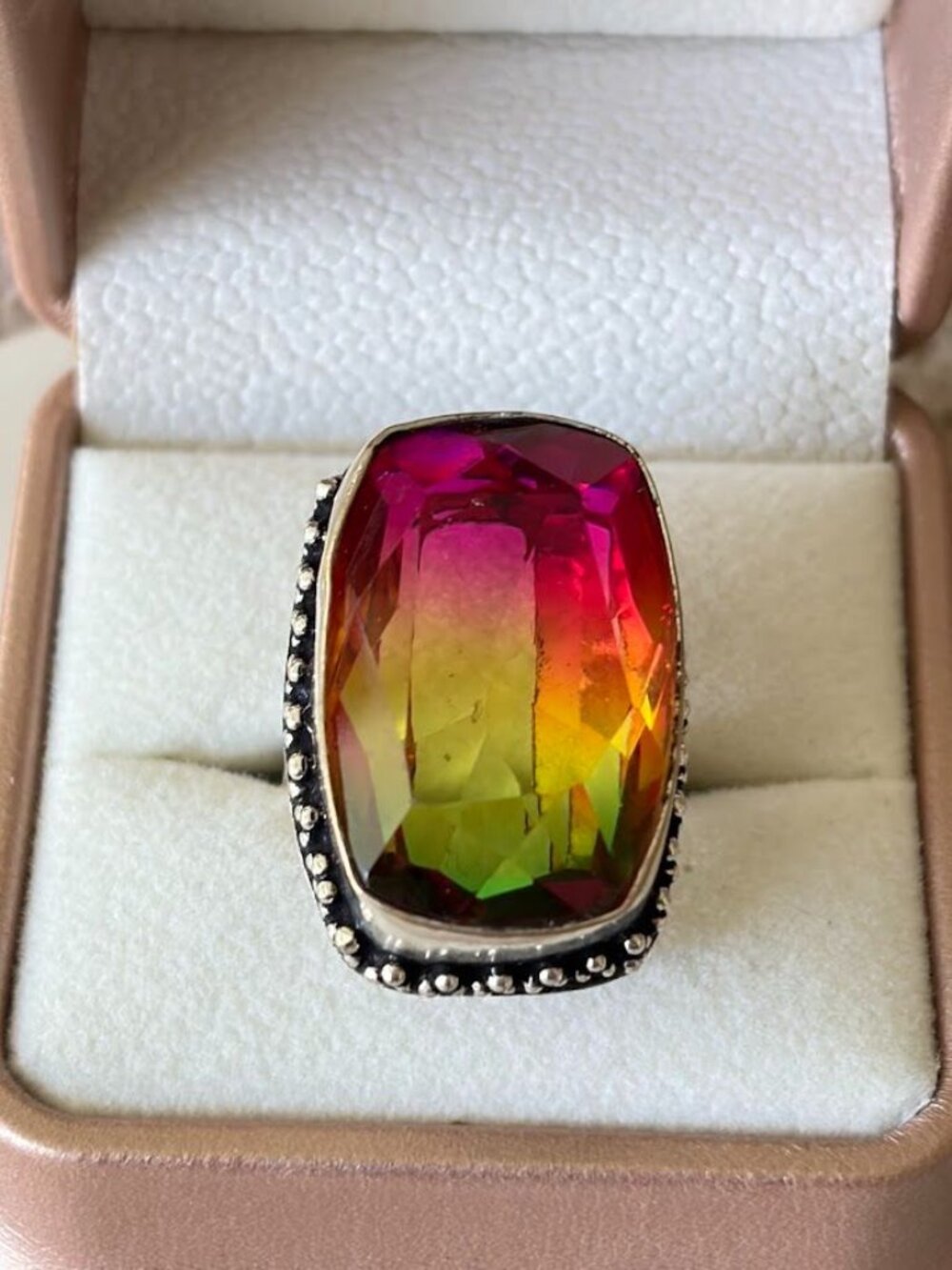 Watermelon Tourmaline Stone Statement Ring 925 Silver Plated - Size 7